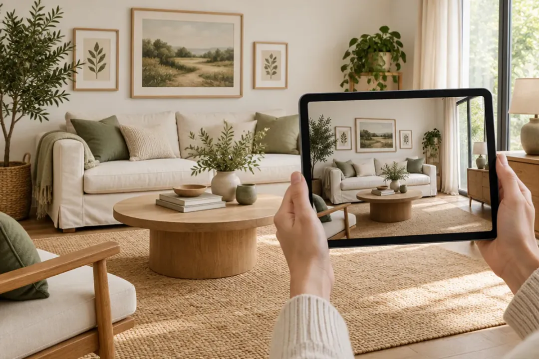 Hands holding a tablet in a bright living room, the tablet screen showing that same room through its camera