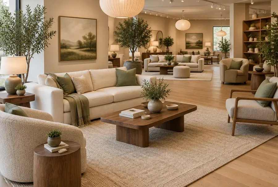 A warm furniture showroom floor with cream sofas and armchairs arranged around walnut tables on layered rugs