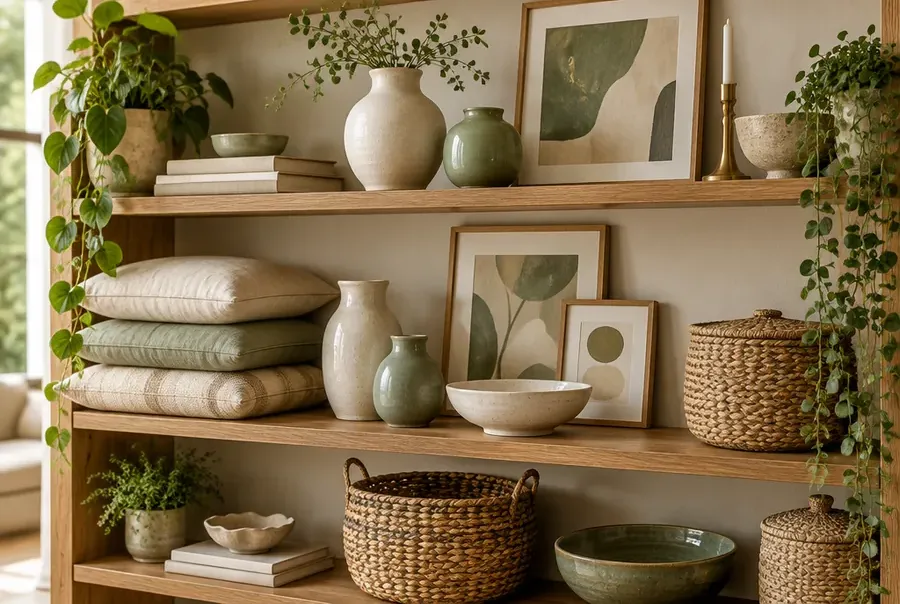 Home décor styled on oak shelving: ceramic vases and bowls, stacked linen cushions, framed art, woven baskets and plants