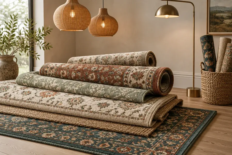 Layered wool and jute rugs stacked on a pale oak floor beside warm pendant lamps and a brass floor lamp