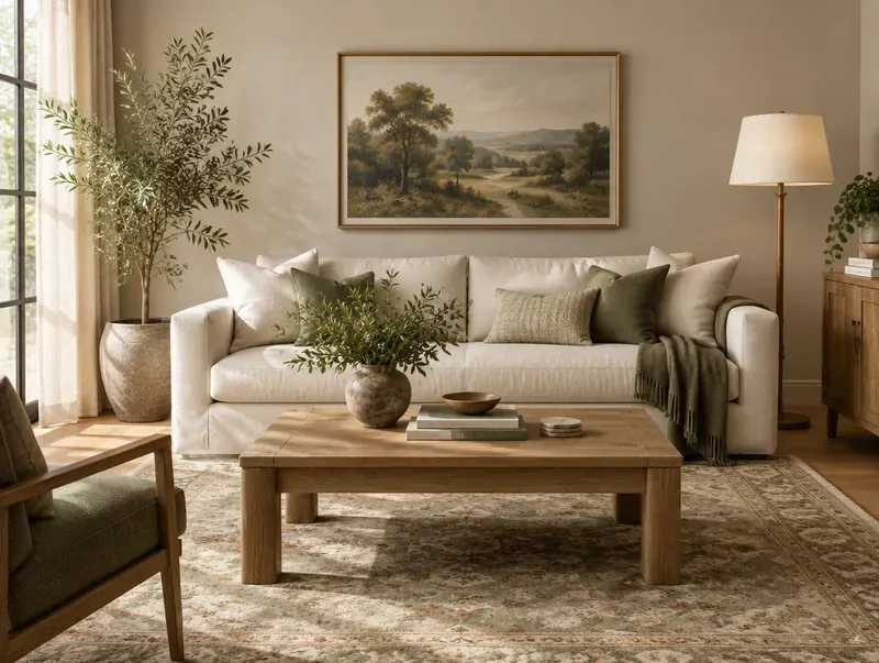 A styled living room with a cream sofa, wooden coffee table on a patterned rug, floor lamp and plants