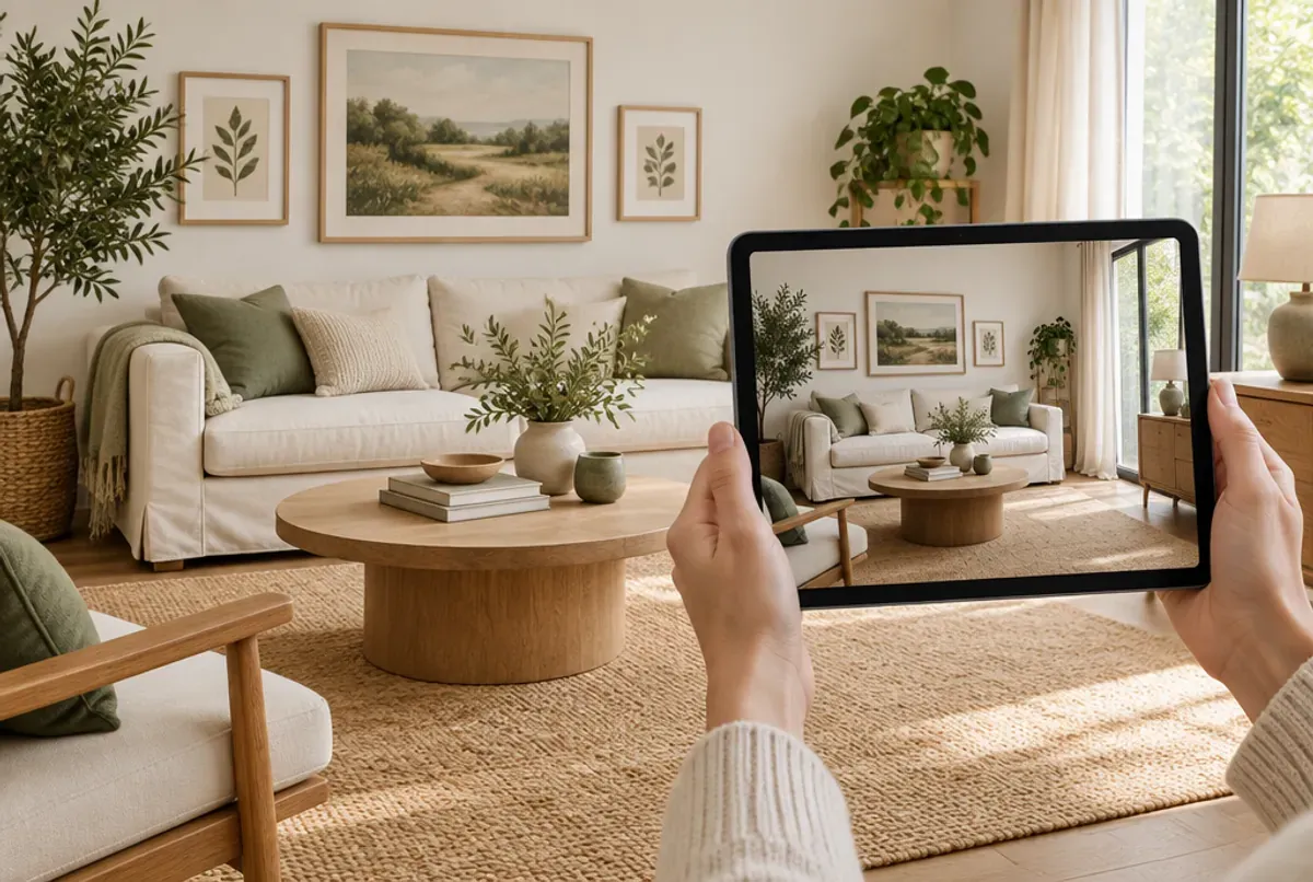 Hands holding a tablet in a bright living room, the tablet screen showing that same room through its camera