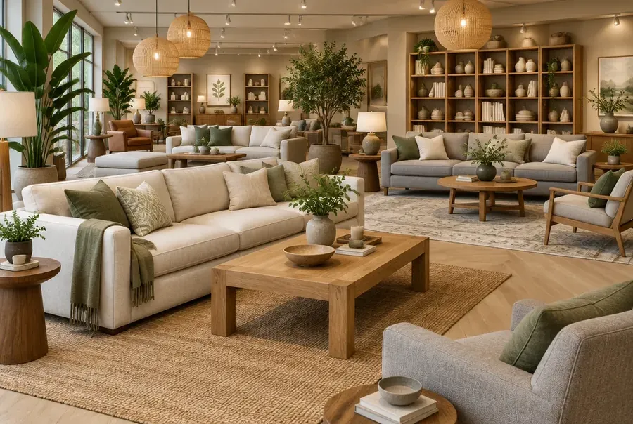 A warm furniture showroom with cream sofas, wooden tables, layered rugs and plants under soft lighting