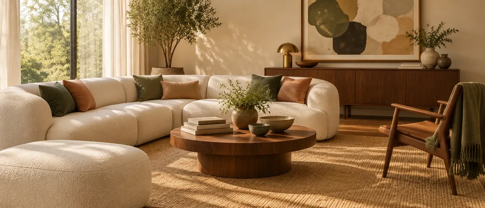 Sunlit living room with a cream sectional sofa, a round walnut coffee table on a woven rug, a walnut sideboard and a wooden armchair