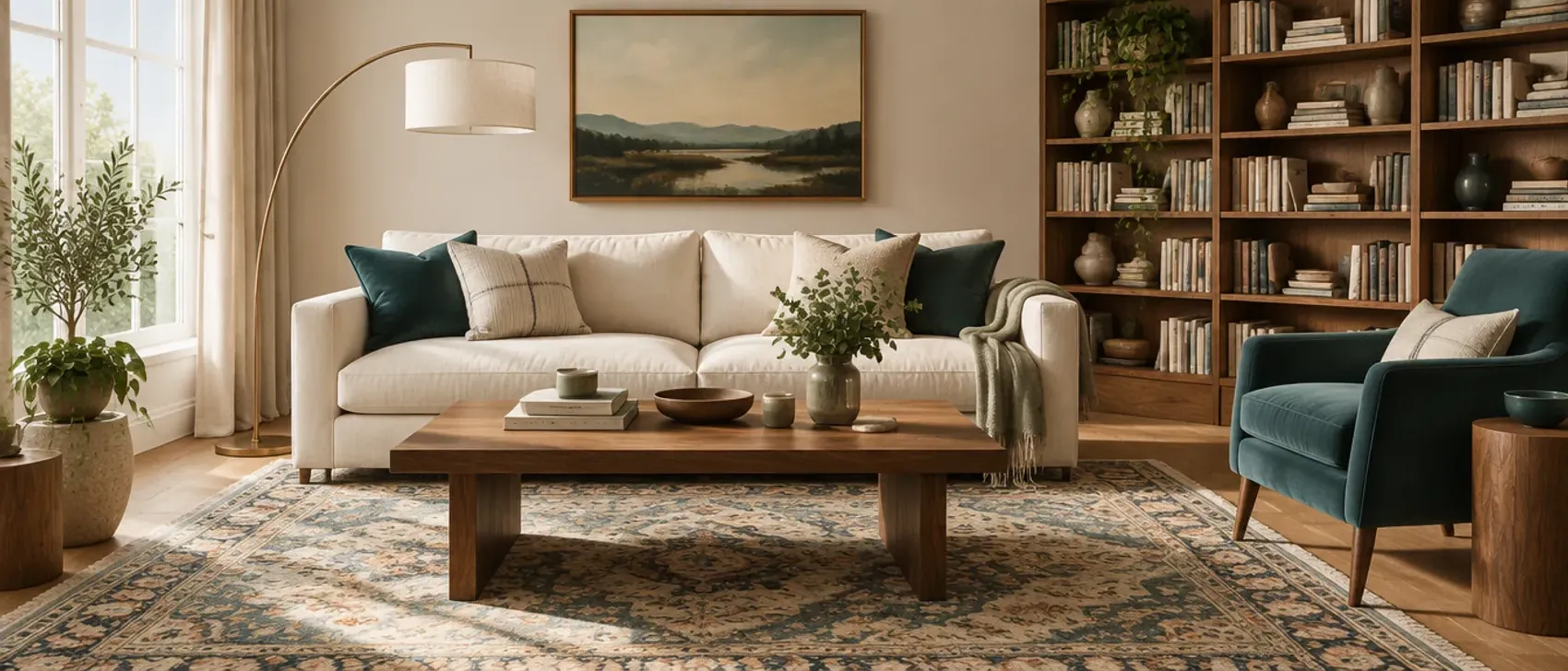 A complete living room: cream sofa with layered cushions, walnut coffee table on a patterned rug, arc floor lamp, filled bookshelf and a teal accent chair