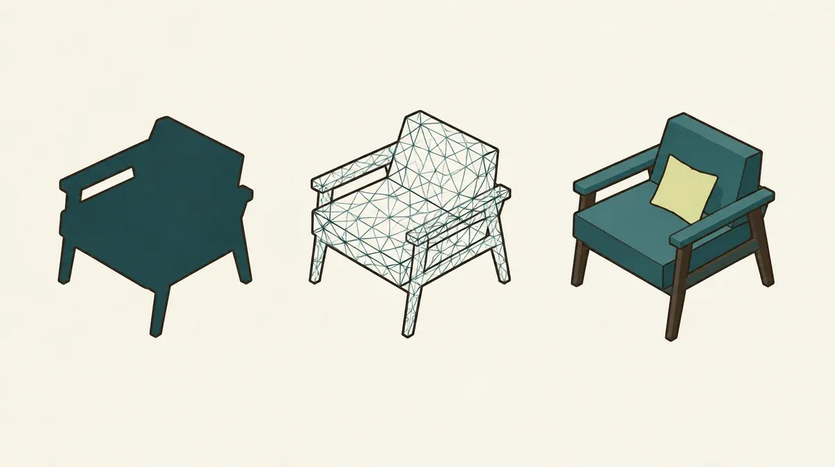 Isometric illustration showing one armchair three times in a row: a flat filled silhouette, then an open wireframe mesh, then a finished solid three-dimensional model.