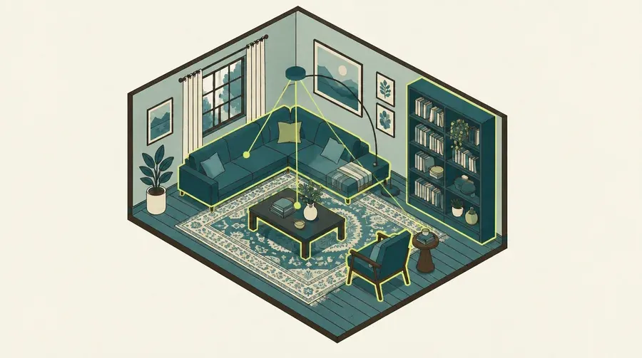 Isometric illustration of a furnished living room with several pieces outlined in pale yellow-green and joined by thin lines to a single point above the floor.