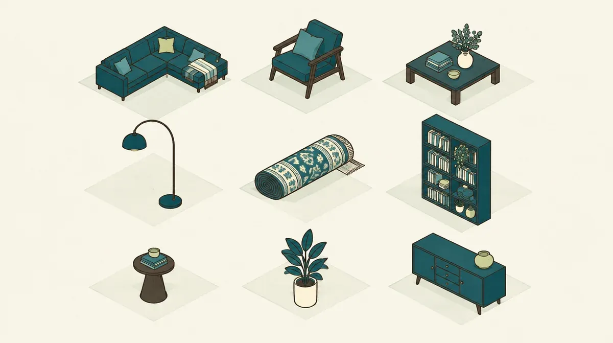 Isometric illustration of nine furniture pieces arranged in an even three by three catalog grid: a sofa, an armchair, a coffee table, a floor lamp, a rug, a bookshelf, a side table, a plant and a sideboard.