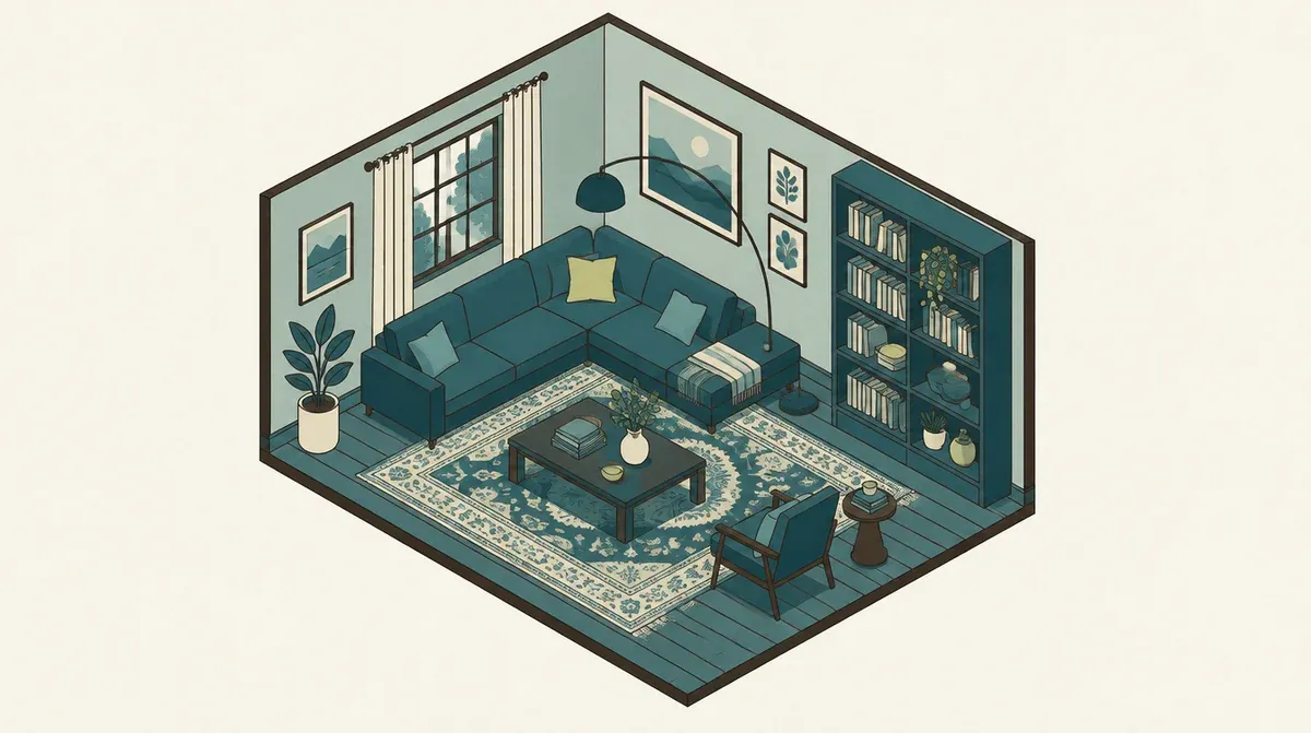 Isometric illustration of a complete living room: a teal sofa with a patterned rug, a coffee table, an arc floor lamp, a filled bookshelf, an armchair, a side table and a plant arranged around it.