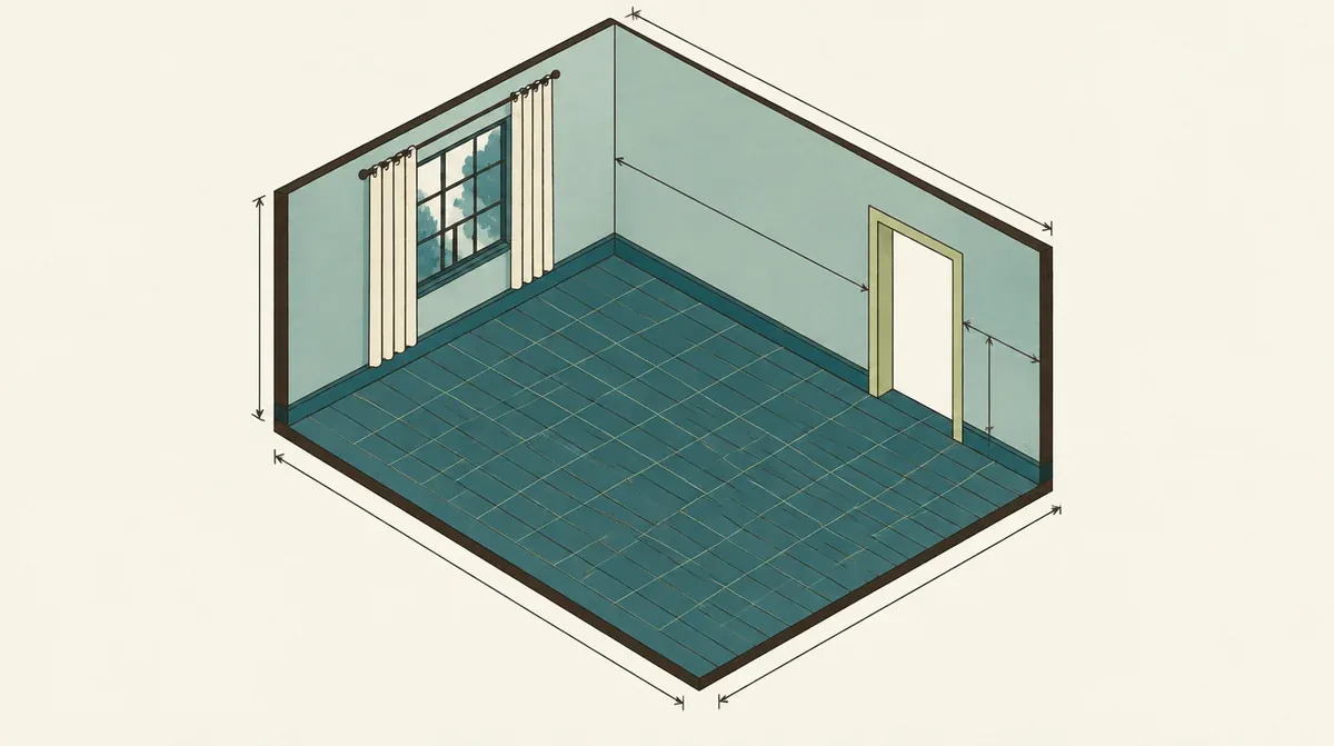 Isometric illustration of an empty room with bare floor and walls, overlaid with a faint measurement grid and thin architectural dimension lines along the floor edges and wall height.