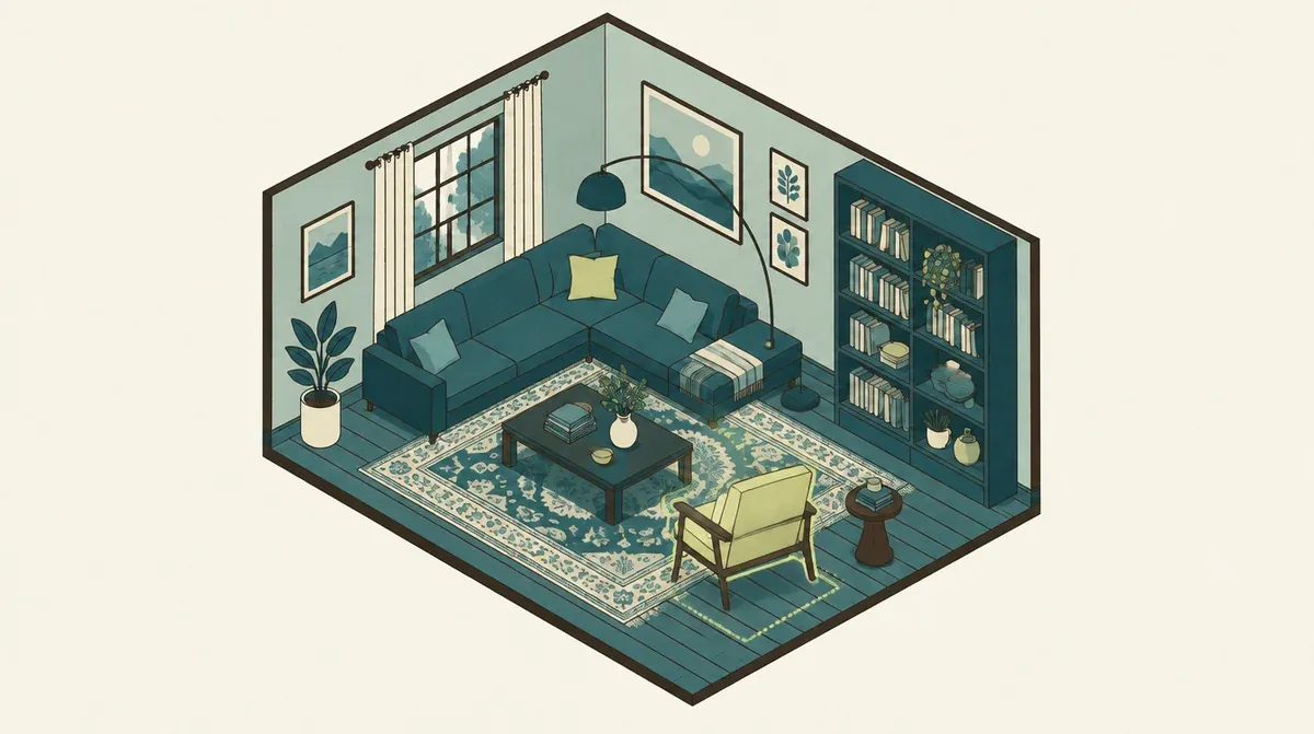 Isometric illustration of a room holding a teal sofa and a bookshelf, with a new armchair arriving into the open floor, outlined in pale yellow-green above a dotted footprint marking where it will stand.