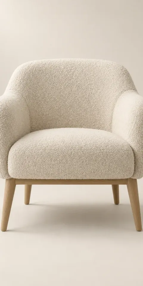 A cream boucle armchair with pale oak legs, centred on a seamless warm off-white studio background