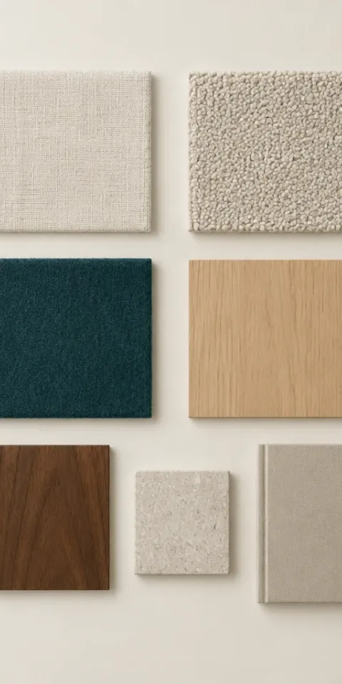An ordered grid of furniture material samples seen from above: linen, boucle, deep teal wool, oak and walnut veneer, stone and a notebook