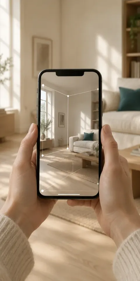 Two hands holding a phone up inside a sunlit living room, the screen showing that same room with thin measurement lines across the floor and walls