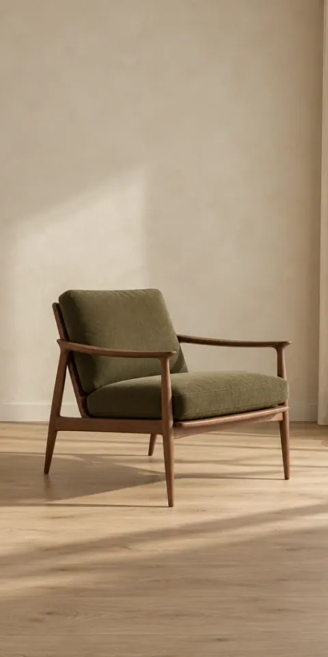 A single olive green lounge chair with a walnut frame standing alone on a pale oak floor in a bright minimal room
