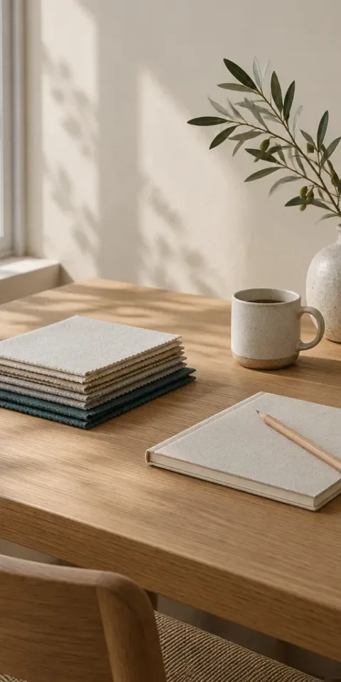 A calm oak desk in a furniture studio with a neat stack of fabric swatches, a closed notebook, a mug and an olive branch in a stoneware vase