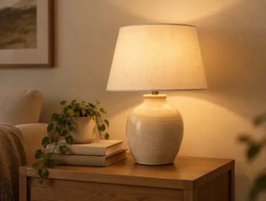 A ceramic table lamp glowing beside books and a small plant