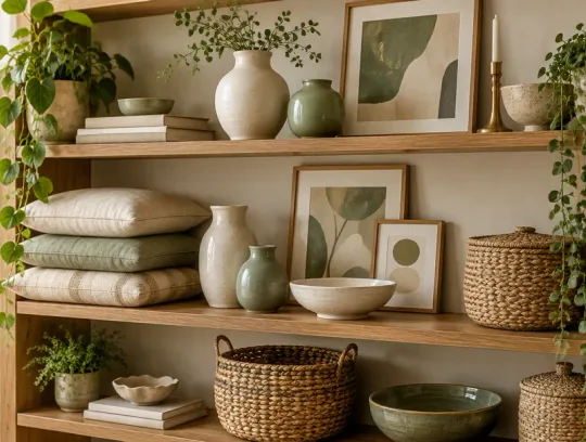 Ceramic vases, cushions, framed art and baskets styled on oak shelving