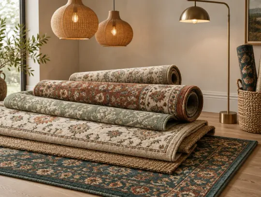 Layered wool and jute rugs stacked on a pale oak floor