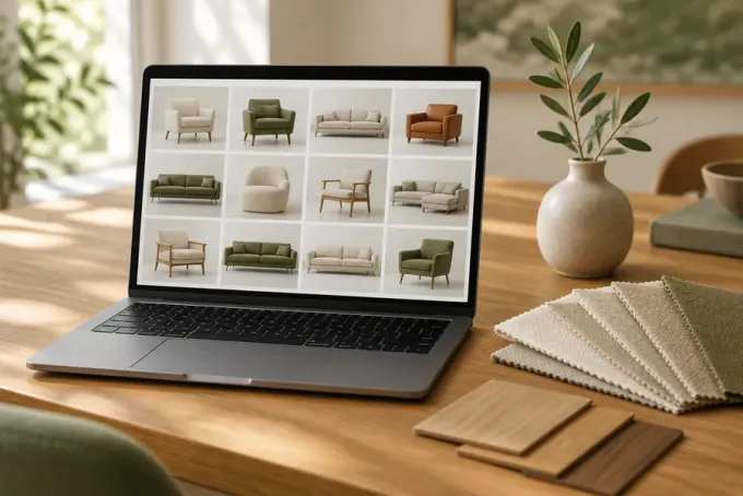 A laptop on a wooden desk showing a grid of furniture product photographs, with fabric swatches and wood samples beside it