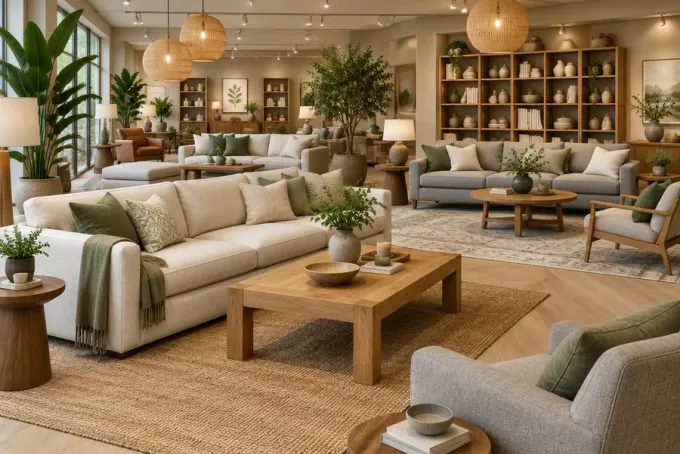 A warm furniture showroom with cream sofas, wooden tables, layered rugs and plants under soft lighting