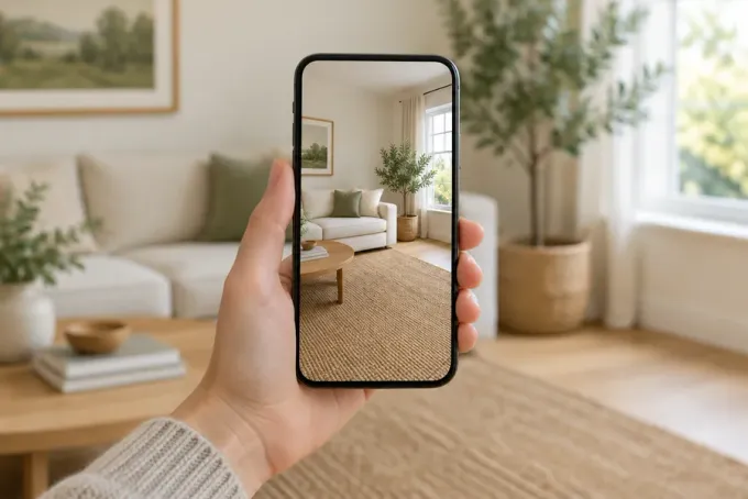 A hand holding a smartphone in a living room, the screen showing a cream sofa placed in that same room