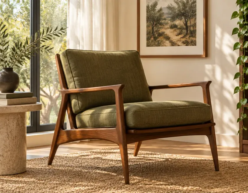 An olive lounge chair with a walnut frame standing in a sunlit living room