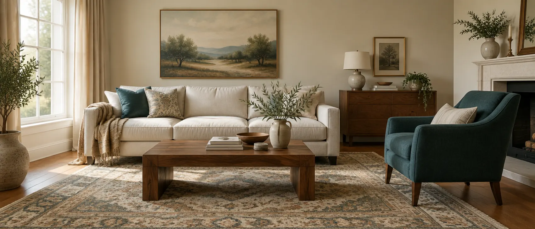 Sunlit living room with a cream linen sofa, a walnut coffee table on a patterned rug, and a deep teal accent chair beside a fireplace