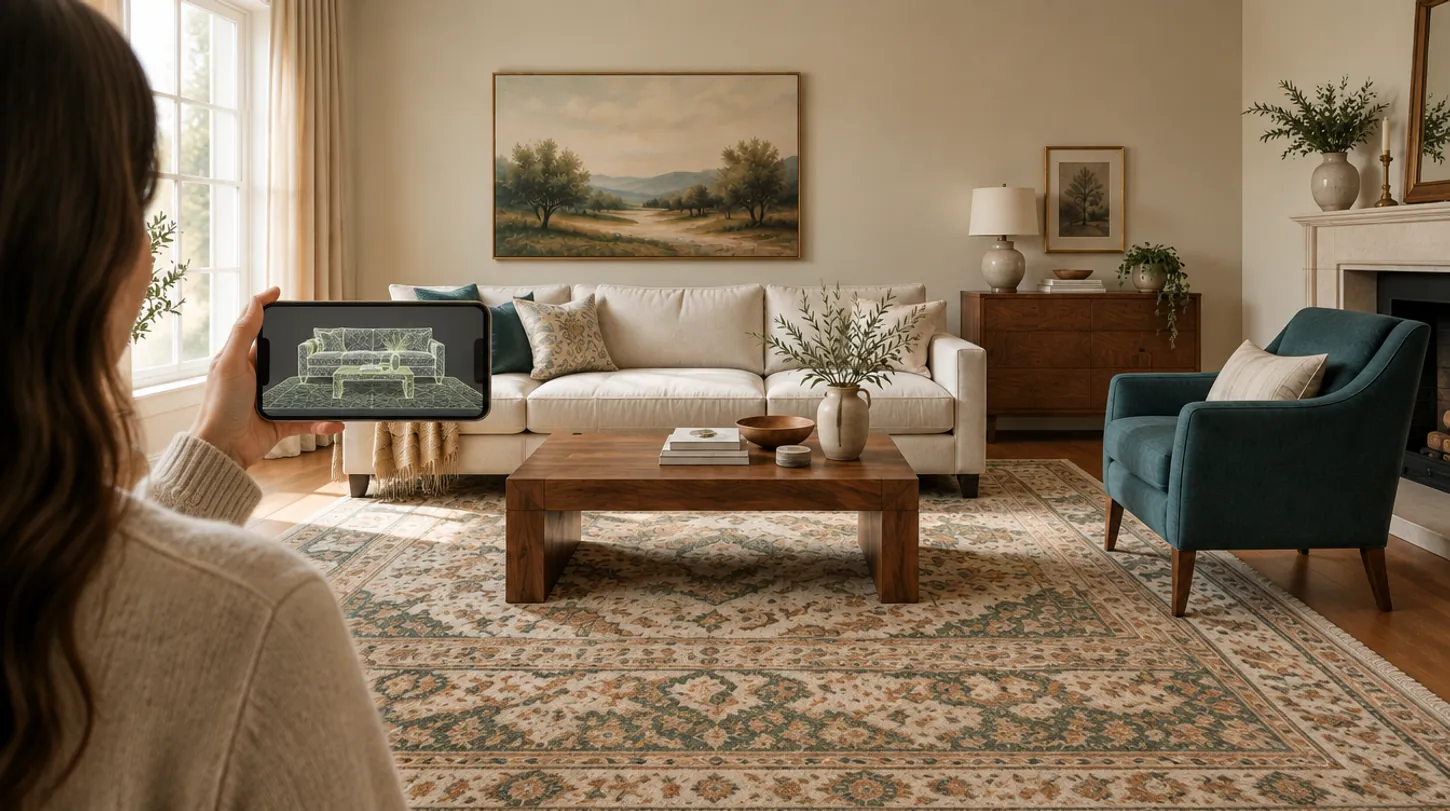 A person in the same living room holding up a smartphone, its screen showing the cream sofa and walnut coffee table being captured as a fine triangulated 3D scanning mesh